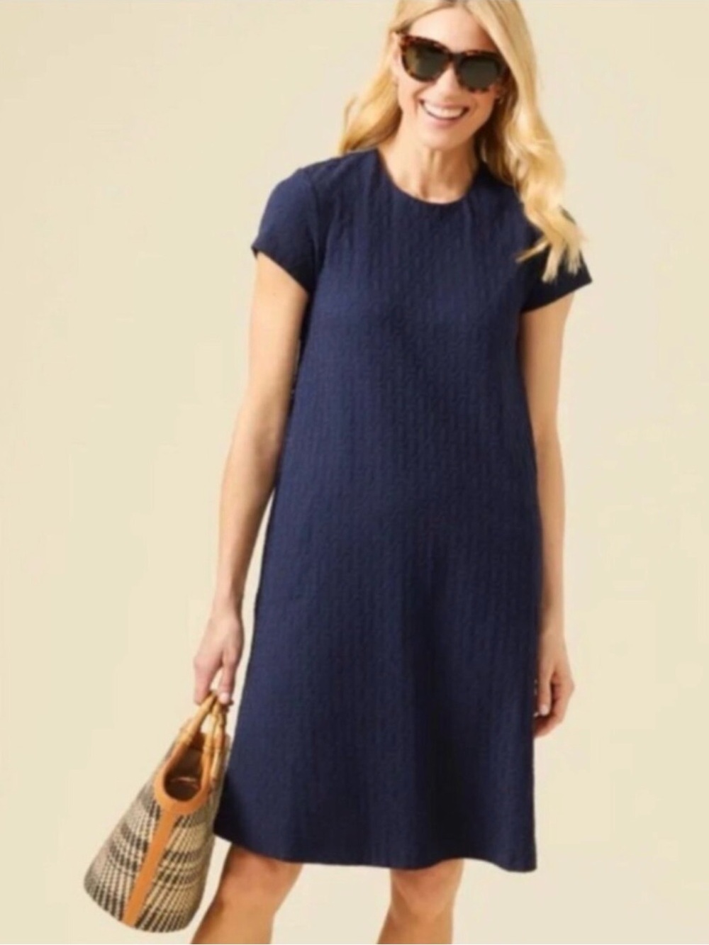 J.McLaughlin Navy Textured Jacquard Swing Shift Dress Short Sleeve S